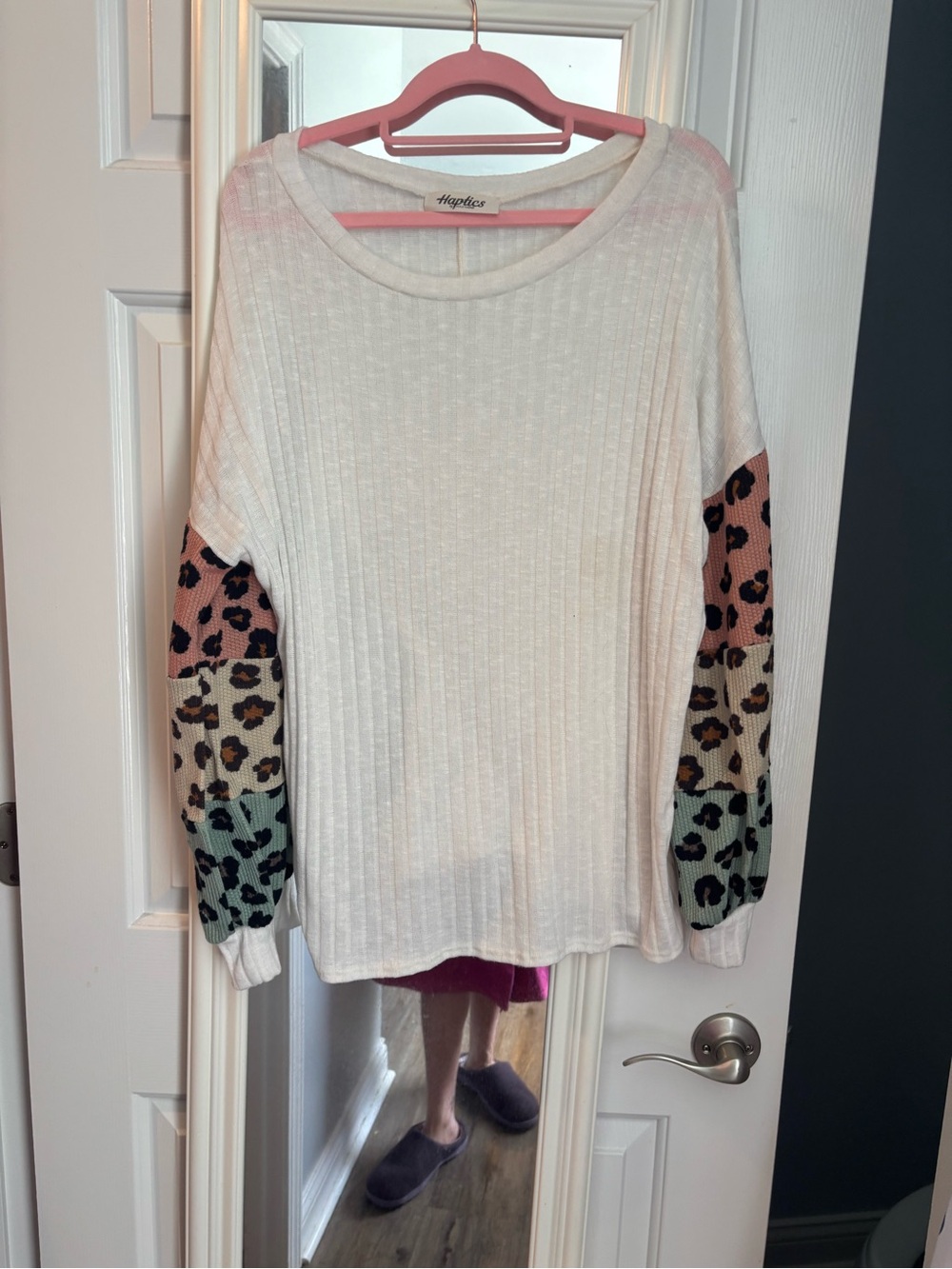 Haptics Cream Ribbed Pullover with Multicolor Leopard-Block Sleeves